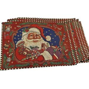 Christmas Santa Rectangle Woven Placemats 18" X 13" Set of Six